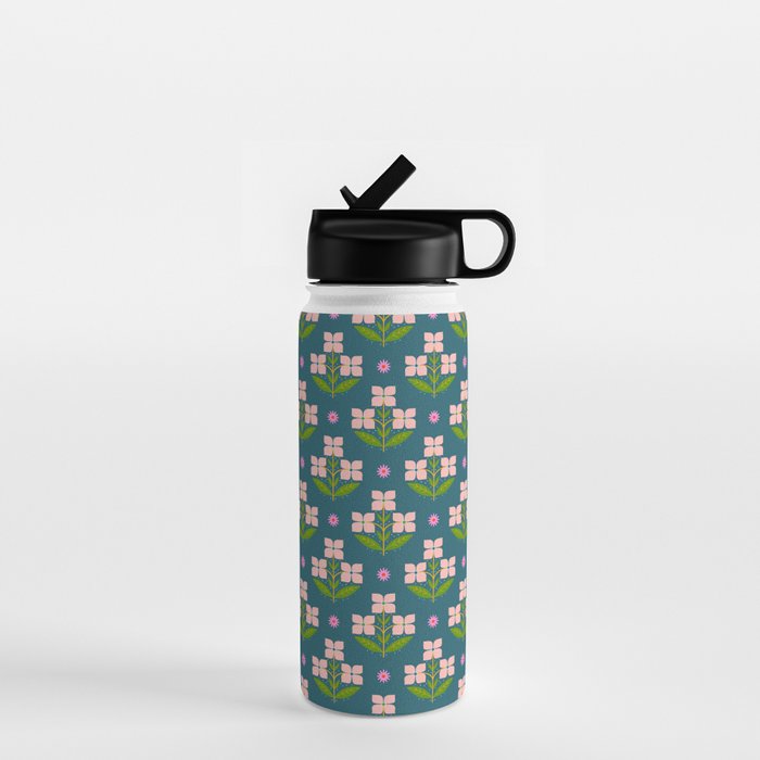 Retro Pink Floral Bunches - Green Pattern Water Bottle Gallery Image 1