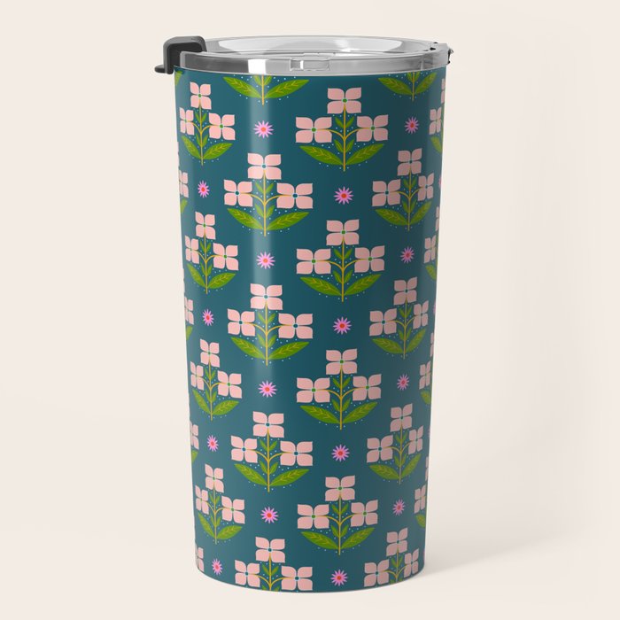 Retro Pink Floral Bunches - Green Pattern Travel Mug Gallery Image 3