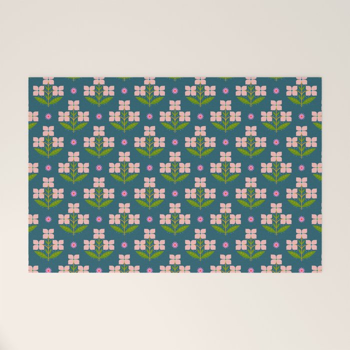 Retro Pink Floral Bunches - Green Pattern Welcome Mat Gallery Image 1