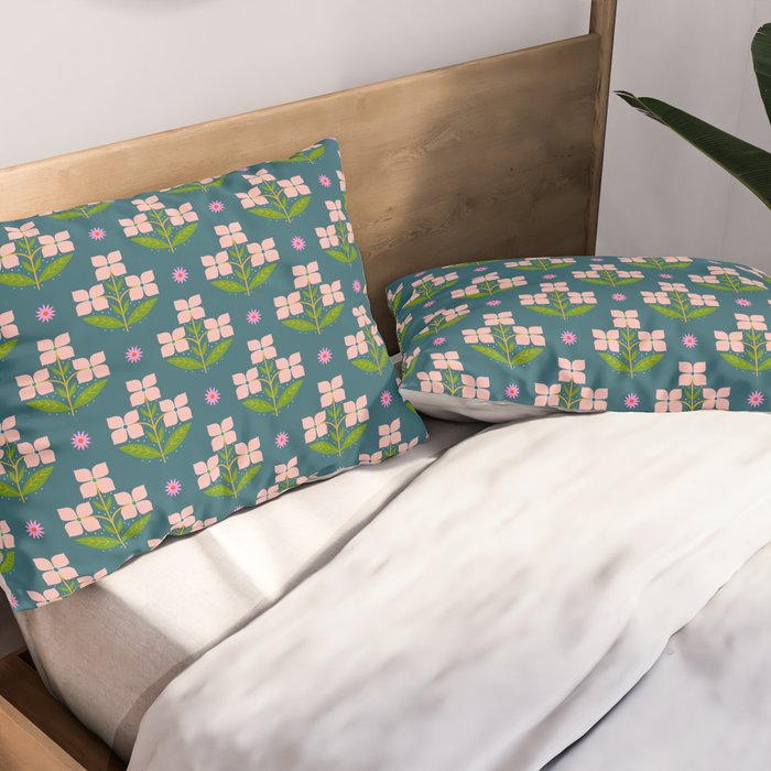 Retro Pink Floral Bunches - Green Pattern Pillow Sham Gallery Image 2