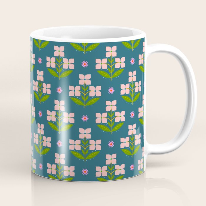 Retro Pink Floral Bunches - Green Pattern Coffee Mug Gallery Image 1