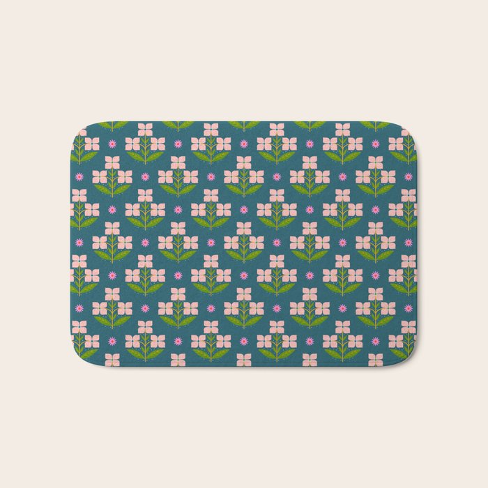 Retro Pink Floral Bunches - Green Pattern Bath Mat Gallery Image 1