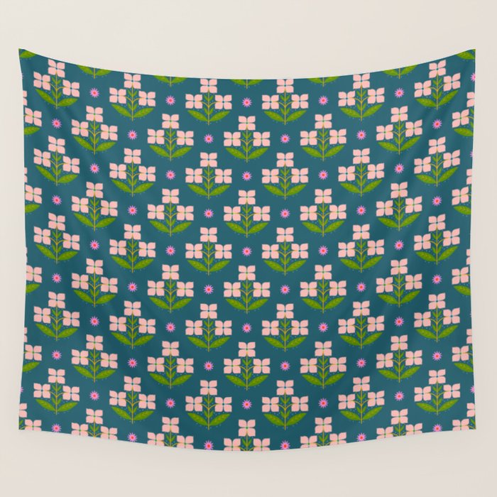 Retro Pink Floral Bunches - Green Pattern Wall Tapestry Gallery Image 4