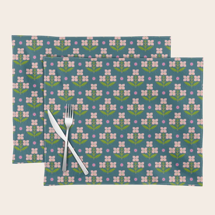 Retro Pink Floral Bunches - Green Pattern Placemat Gallery Image 1