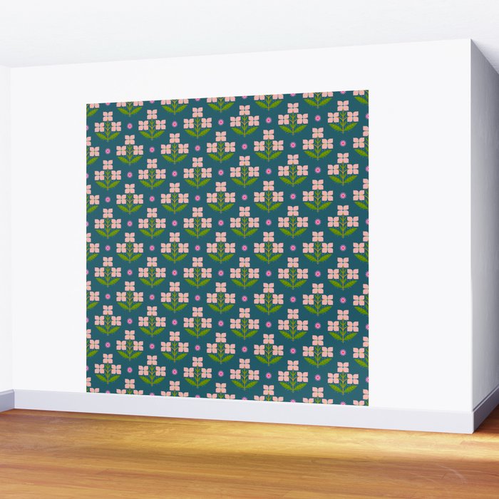 Retro Pink Floral Bunches - Green Pattern Wall Mural Gallery Image 2