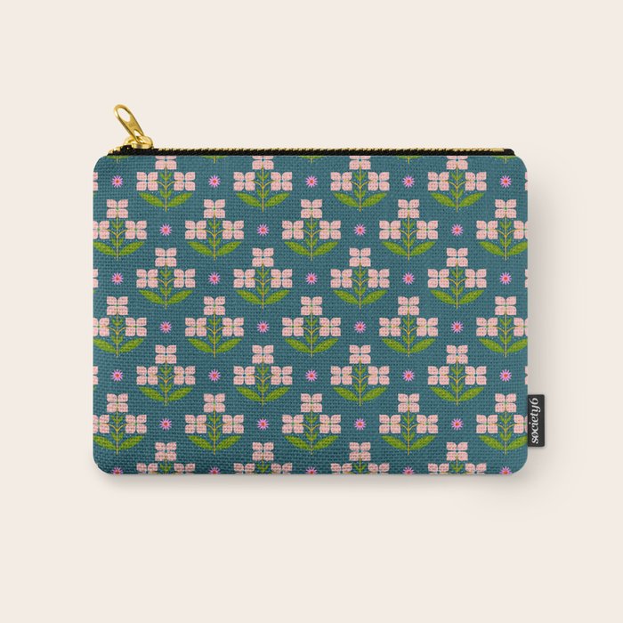 Retro Pink Floral Bunches - Green Pattern Carry All Pouch Gallery Image 1