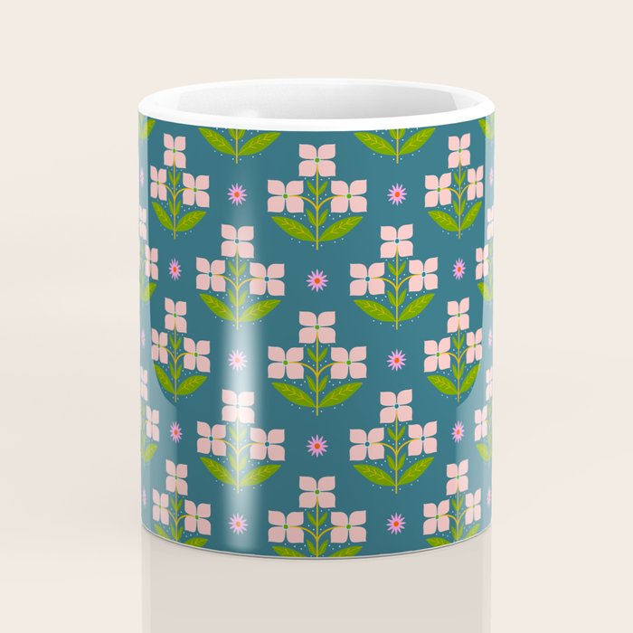 Retro Pink Floral Bunches - Green Pattern Coffee Mug Gallery Image 4