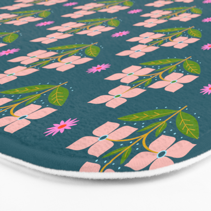 Retro Pink Floral Bunches - Green Pattern Bath Mat Gallery Image 3