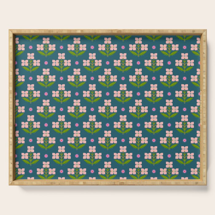 Retro Pink Floral Bunches - Green Pattern Serving Tray Gallery Image 1