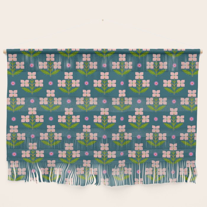 Retro Pink Floral Bunches - Green Pattern Wall Hanging Gallery Image 1