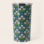 Retro Pink Floral Bunches - Green Pattern Travel Mug Gallery Image 1