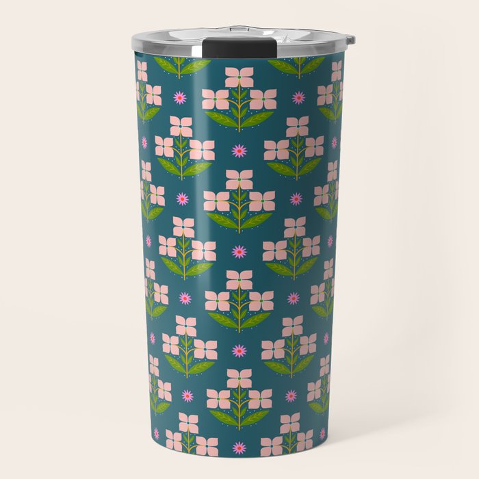 Retro Pink Floral Bunches - Green Pattern Travel Mug Gallery Image 1