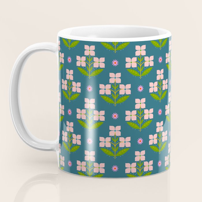 Retro Pink Floral Bunches - Green Pattern Coffee Mug Gallery Image 3