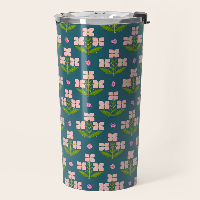 Retro Pink Floral Bunches - Green Pattern Travel Mug Gallery Image 2