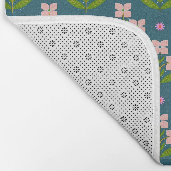 Retro Pink Floral Bunches - Green Pattern Bath Mat Gallery Image 2