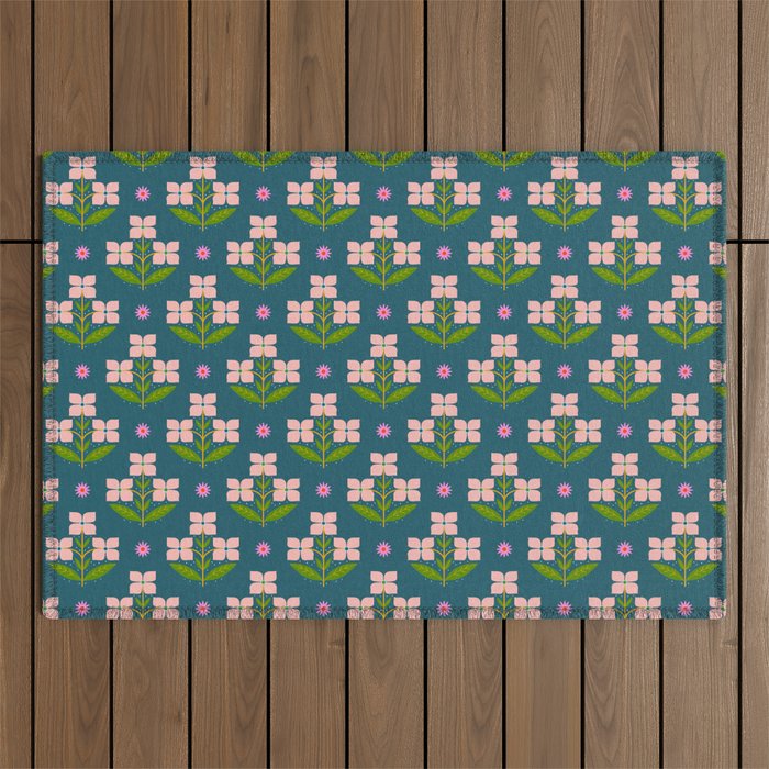Retro Pink Floral Bunches - Green Pattern Outdoor Rug Gallery Image 1