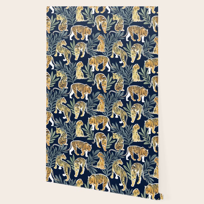 Nouveau white tigers // navy blue background green leaves white lines yellow animals Wallpaper Gallery Image 2