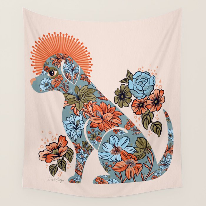Porcelain Floral Dog - Blue & Coral Wall Tapestry Gallery Image 4