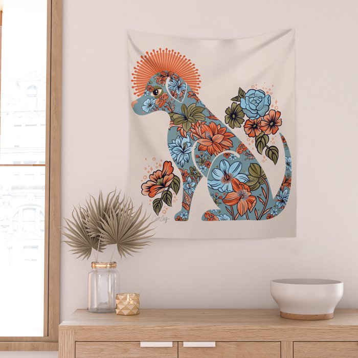 Porcelain Floral Dog - Blue & Coral Wall Tapestry Gallery Image 2