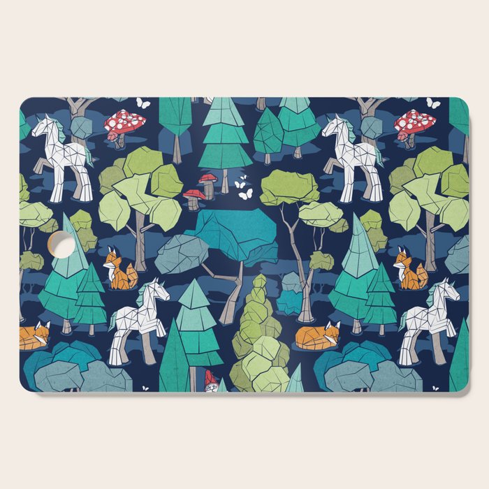 Geometric whimsical wonderland // navy blue background green forest with unicorns foxes gnomes and mushrooms Cutting Board Gallery Image 1
