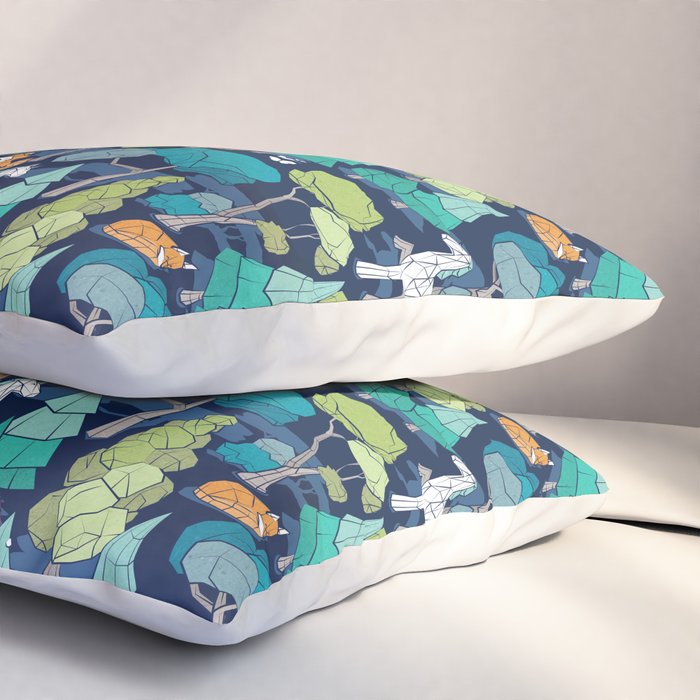 Geometric whimsical wonderland // navy blue background green forest with unicorns foxes gnomes and mushrooms Pillow Sham Gallery Image 3