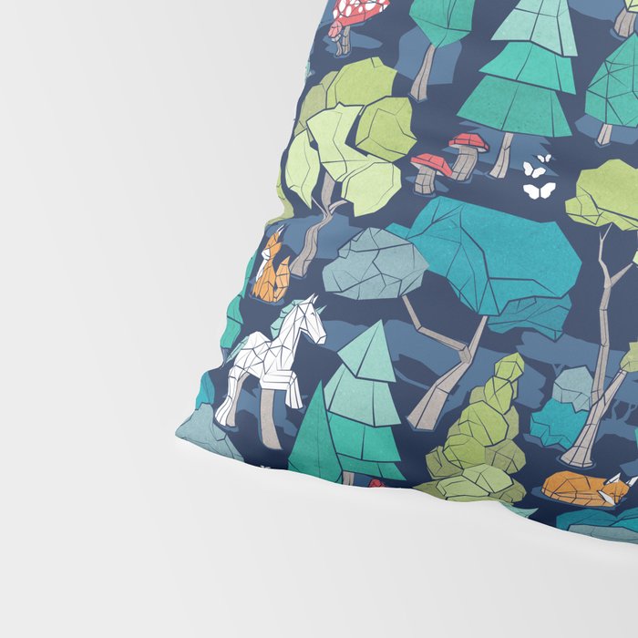 Geometric whimsical wonderland // navy blue background green forest with unicorns foxes gnomes and mushrooms Pillow Sham Gallery Image 4