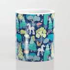 Geometric whimsical wonderland // navy blue background green forest with unicorns foxes gnomes and mushrooms Coffee Mug Gallery Image 4