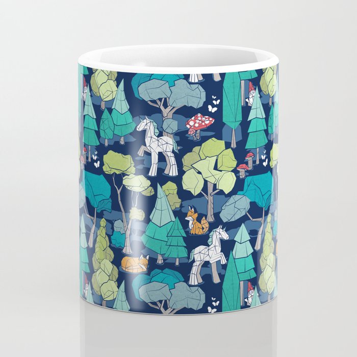 Geometric whimsical wonderland // navy blue background green forest with unicorns foxes gnomes and mushrooms Coffee Mug Gallery Image 4