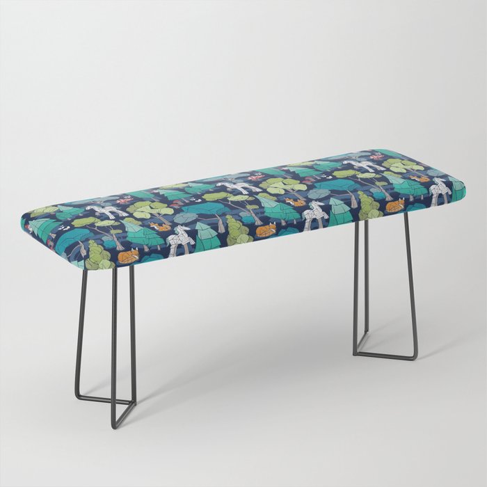 Geometric whimsical wonderland // navy blue background green forest with unicorns foxes gnomes and mushrooms Bench Gallery Image 1