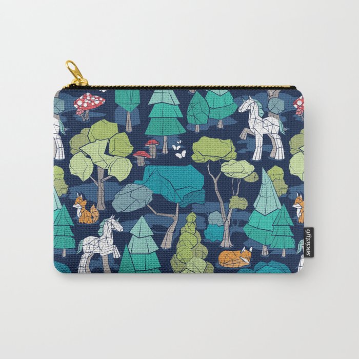 Geometric whimsical wonderland // navy blue background green forest with unicorns foxes gnomes and mushrooms Carry All Pouch Gallery Image 1