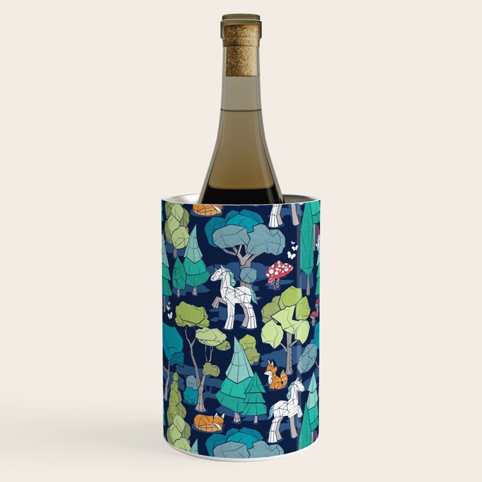 Geometric whimsical wonderland // navy blue background green forest with unicorns foxes gnomes and mushrooms Wine Chiller Gallery Image 1