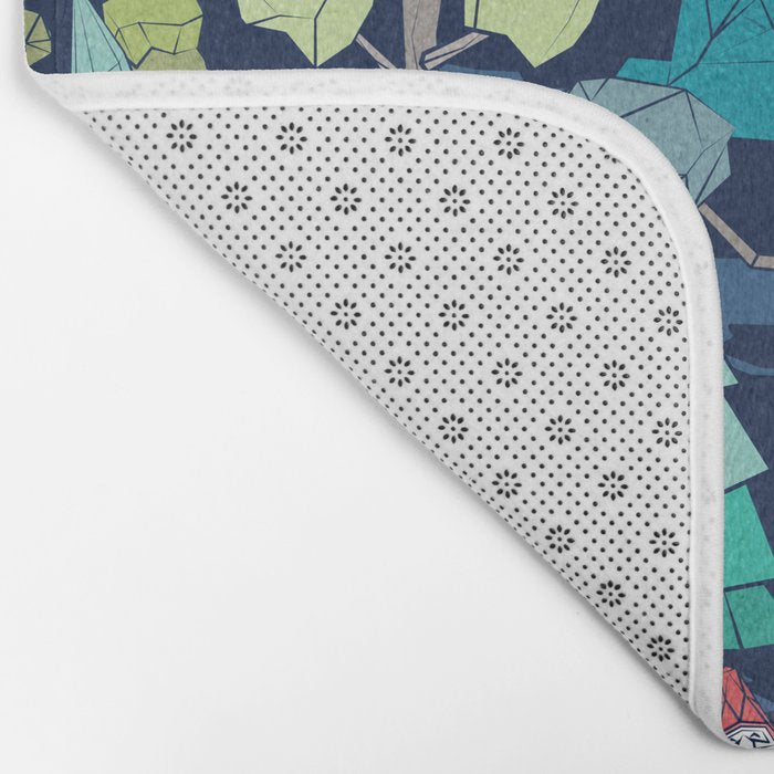 Geometric whimsical wonderland // navy blue background green forest with unicorns foxes gnomes and mushrooms Bath Mat Gallery Image 2