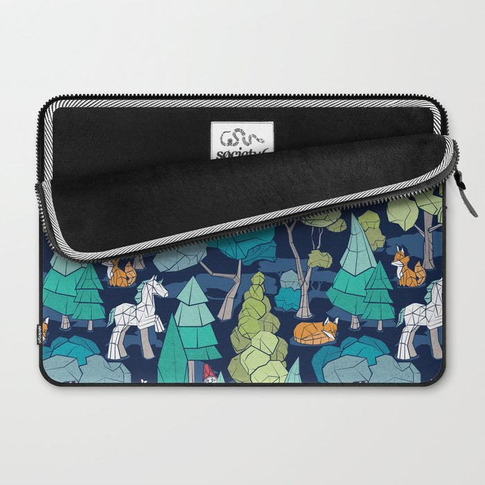 Geometric whimsical wonderland // navy blue background green forest with unicorns foxes gnomes and mushrooms Laptop Sleeve Gallery Image 2