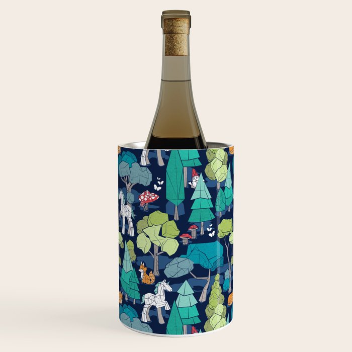 Geometric whimsical wonderland // navy blue background green forest with unicorns foxes gnomes and mushrooms Wine Chiller Gallery Image 2