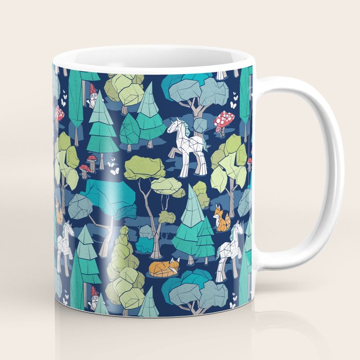Geometric whimsical wonderland // navy blue background green forest with unicorns foxes gnomes and mushrooms Coffee Mug Gallery Image 1