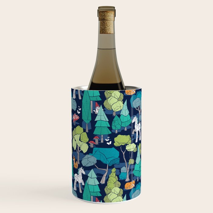 Geometric whimsical wonderland // navy blue background green forest with unicorns foxes gnomes and mushrooms Wine Chiller Gallery Image 3