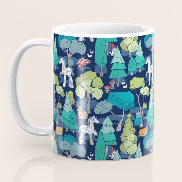 Geometric whimsical wonderland // navy blue background green forest with unicorns foxes gnomes and mushrooms Coffee Mug Gallery Image 3