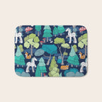 Geometric whimsical wonderland // navy blue background green forest with unicorns foxes gnomes and mushrooms Bath Mat Gallery Image 1