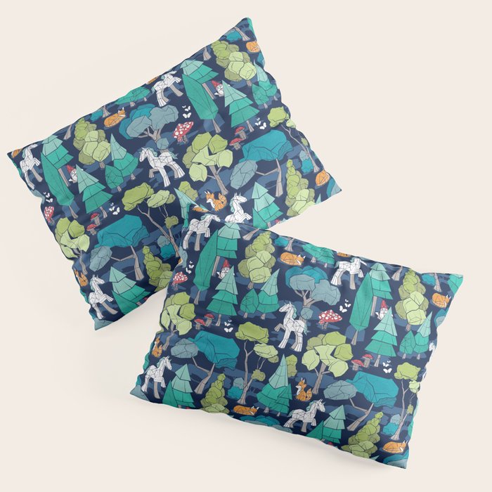 Geometric whimsical wonderland // navy blue background green forest with unicorns foxes gnomes and mushrooms Pillow Sham Gallery Image 3