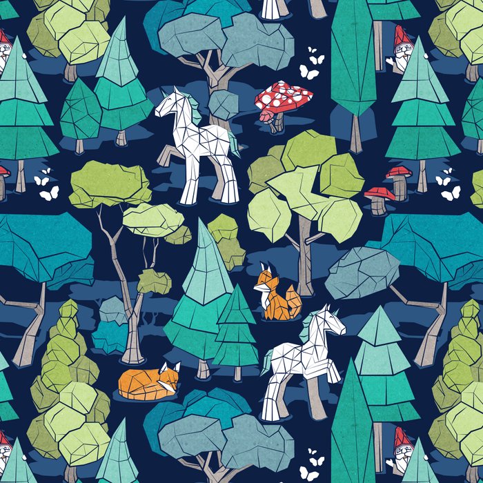 Geometric whimsical wonderland // navy blue background green forest with unicorns foxes gnomes and mushrooms Coffee Mug Gallery Image 2