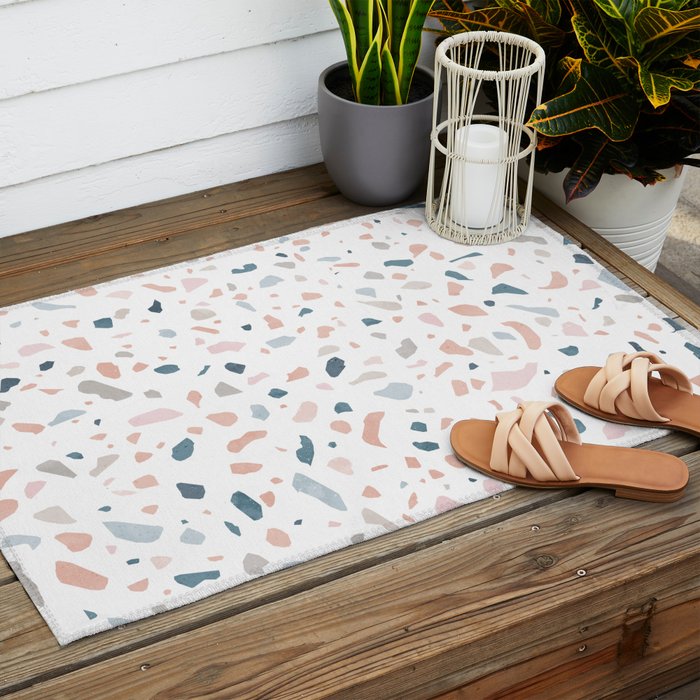 Terrazzo memphis blue pink pastel Outdoor Rug Gallery Image 2