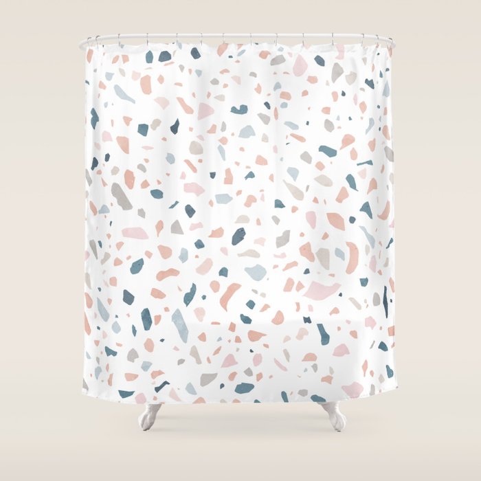 Terrazzo memphis blue pink pastel Shower Curtain Gallery Image 1