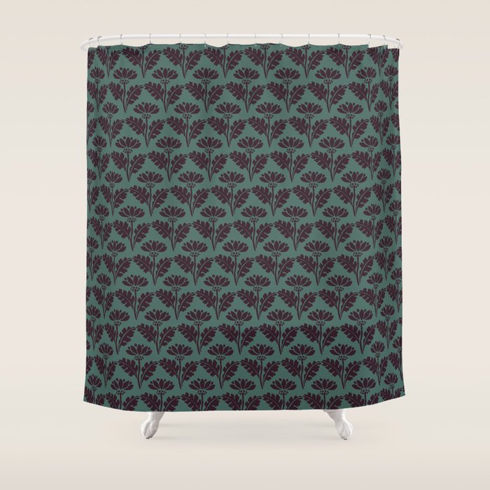 Vintage Floral Arches Art Nouveau Pattern in Deep Plum and Teal Green Shower Curtain Gallery Image 1