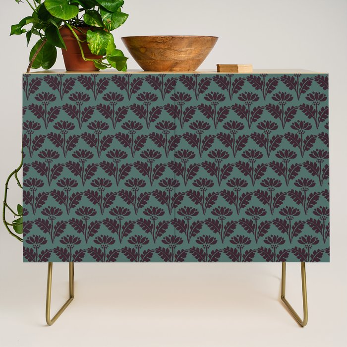 Vintage Floral Arches Art Nouveau Pattern in Deep Plum and Teal Green Credenza Gallery Image 1