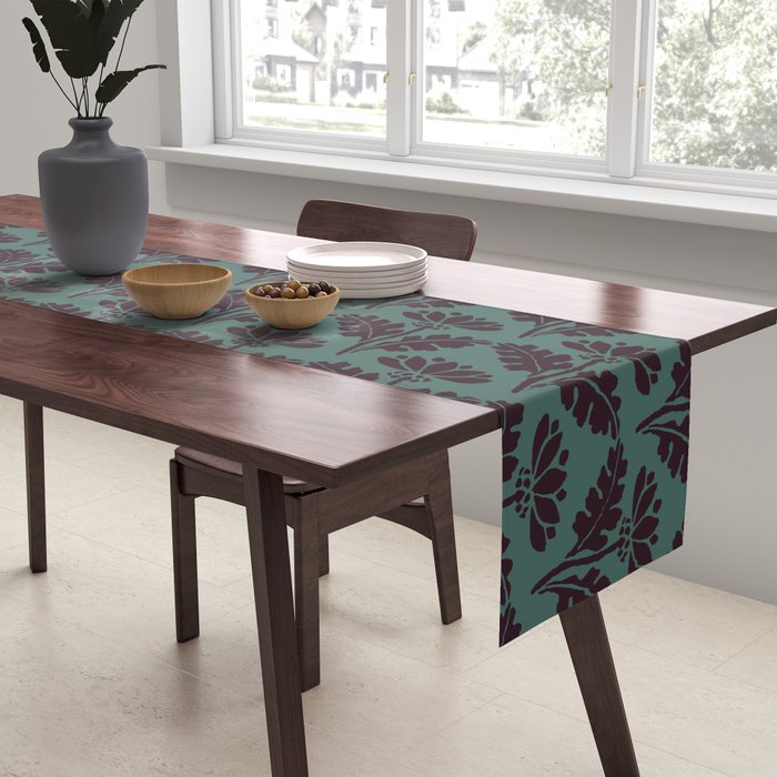 Vintage Floral Arches Art Nouveau Pattern in Deep Plum and Teal Green Table Runner Gallery Image 2