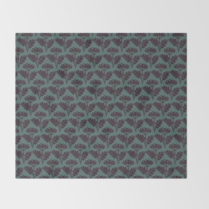 Vintage Floral Arches Art Nouveau Pattern in Deep Plum and Teal Green Throw Blanket Gallery Image 2