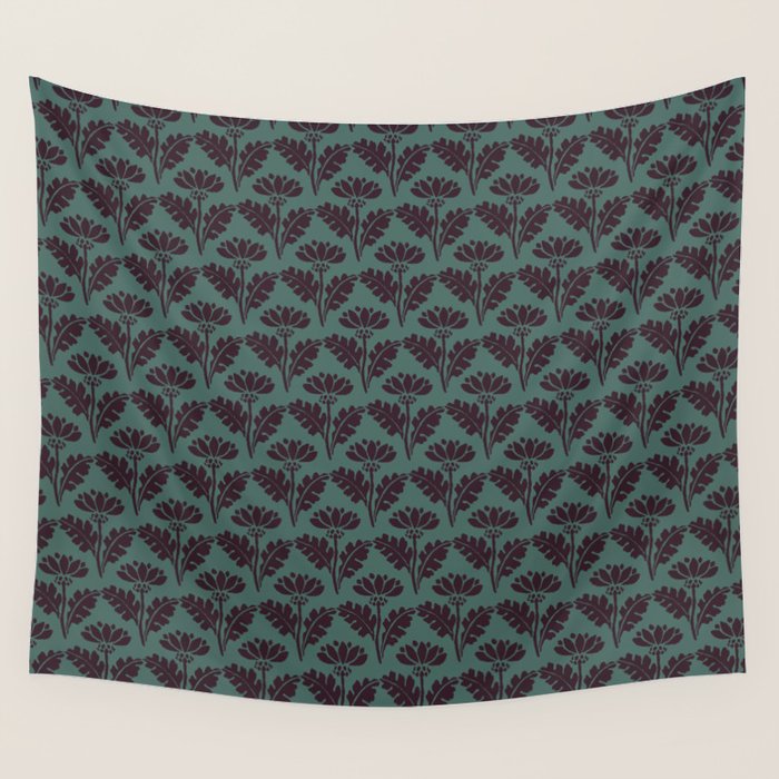 Vintage Floral Arches Art Nouveau Pattern in Deep Plum and Teal Green Wall Tapestry Gallery Image 1