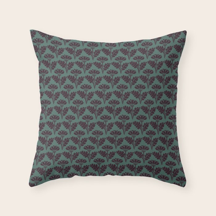 Vintage Floral Arches Art Nouveau Pattern in Deep Plum and Teal Green Throw Pillow Gallery Image 1
