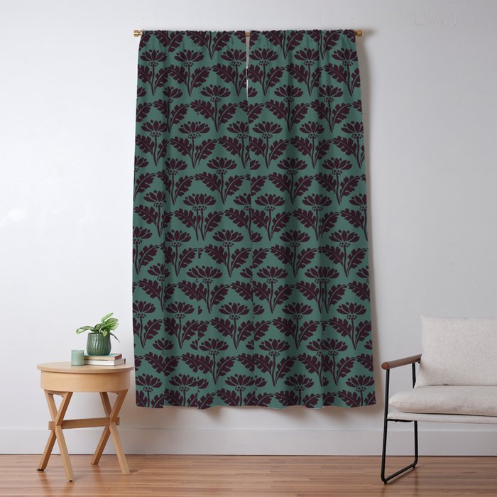 Vintage Floral Arches Art Nouveau Pattern in Deep Plum and Teal Green Window Curtain Gallery Image 1