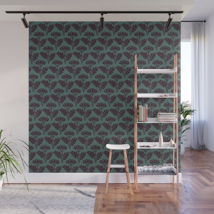 Vintage Floral Arches Art Nouveau Pattern in Deep Plum and Teal Green Wall Mural Gallery Image 1
